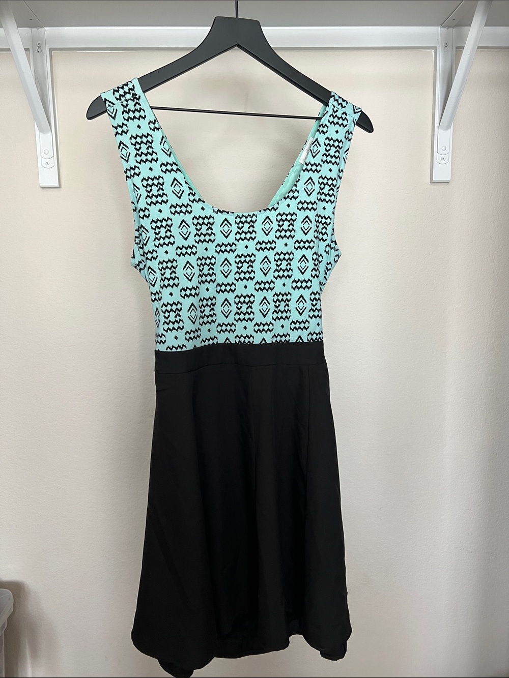 Charming Charlie Mint Patterned Bodice Black Skirt Mini Dress